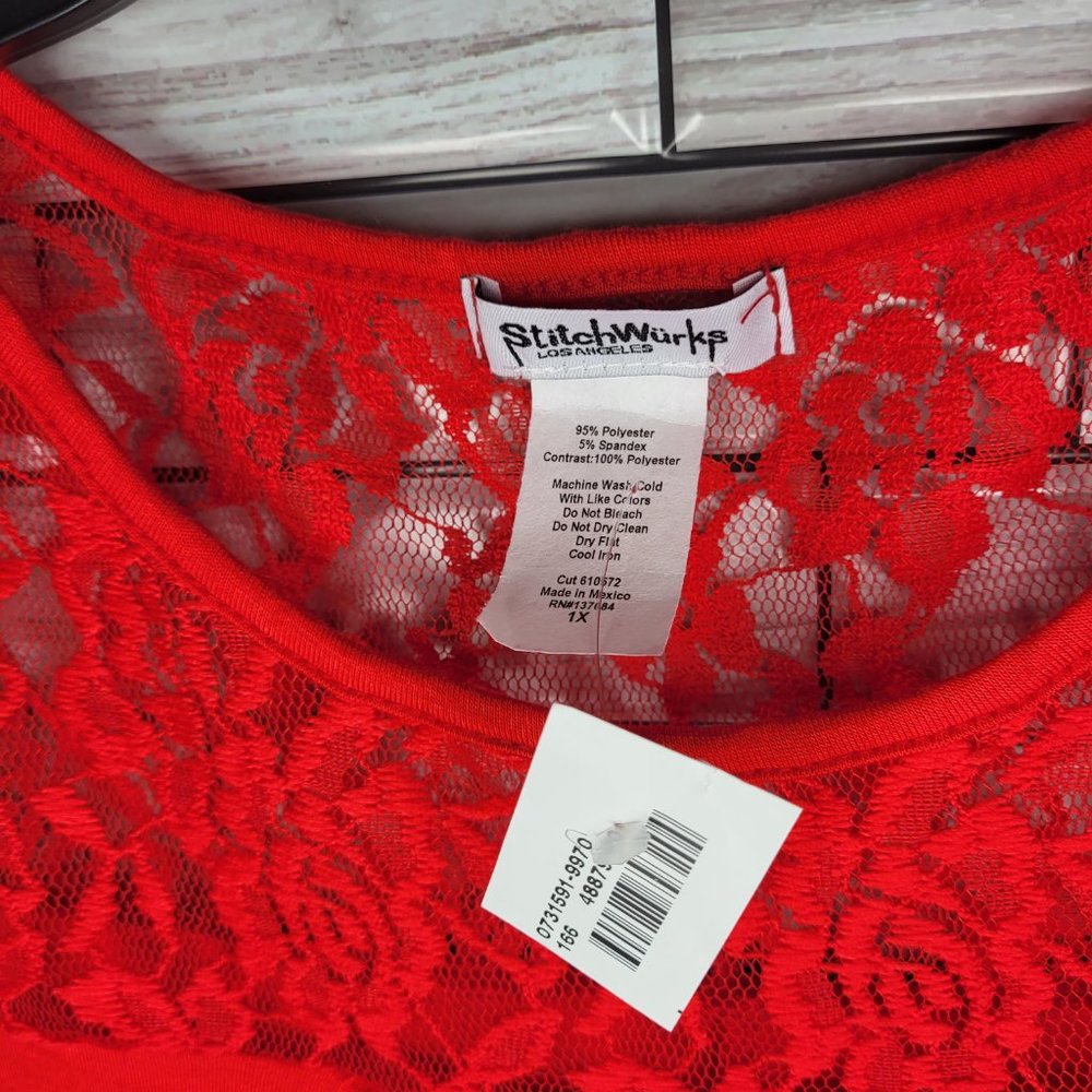 Stitch Wurks Los Angeles New Women's Size 1X Sleeveless Shirt Red Lace Comfy Top - Picture 4 of 7